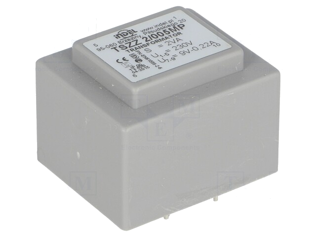 Transformator: ingegoten; 2VA; 230VAC; 9V; 220mA; PCB; IP00 Transformator: ingegoten; 2VA; 230VAC; 9V; 220mA; PCB; IP00